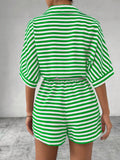 Striped Lapel Belted Shorts Short Sleeved Onesie