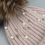 Women¡¯S Knit Beanie With Pearl & Fur Pom_Cwah04987