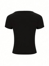 Solid-Color Dark V-Neck Short-Sleeved Tight Top