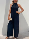 Solid Color Wide-Leg Romper With Casual High Neck