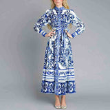 Stand Collar Single-Breasted Printed Dress