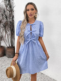 Vintage Striped Crew Neck With Bow Lace-Up Dress
