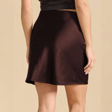 SATIN SKIRT LACE SLIT HIGH WAISTELASTIC SHORTSKIRT_CWBSS0399