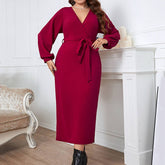 RED V NECK SLIM FIT LONG DRESS FOR FALL SPRING_CWDSD8473