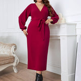 RED V NECK SLIM FIT LONG DRESS FOR FALL SPRING_CWDSD8473