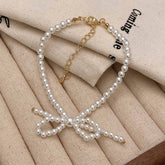 NEW SWEET RETRO BOW PEARL NECKLACE BRACELET SET_CWAJE3071