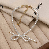 NEW SWEET RETRO BOW PEARL NECKLACE BRACELET SET_CWAJE3071