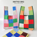 PINK AND GREEN CHECKERBOARD KNIT TOTE BAG_CWAB2394