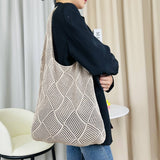 Cwab4575_Solid Knit Hollow Woven Shoulder Tote Bag