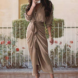 V-Neck Button-Up Long-Sleeved Shirt Dress