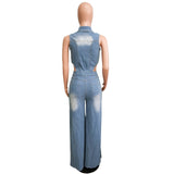 Tight Waist Slim Stretch Wash Denim Jumpsuit
