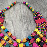 COLORFUL SQUARE WOOD MULTI LAYER NECKLACE_CWMM4859