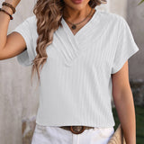 Womens V Neck Pullover Jacquard Short Sleeved Top_Cwtts0897