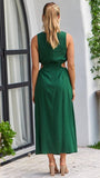 Solid-Color Waist-Cinched Round-Neck Dress