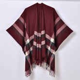 TASSEL TWO TONE STRIPED PLAID CARDIGAN CAPE SHAWL_CWASC0944