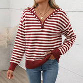 V-Neck Striped Pullover Half-Zip Hooded Sweater