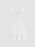 Square-Neck Pleated Cinched Waist Dress