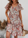 V-Neck Loose Holiday Print Lotus Sleeves Dress