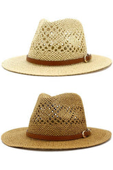 BROWN BELT VENTED WEAVE STRAW HAT_CWAH081