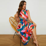 Stand Collar Print Boho Holiday Sleeveless Dress