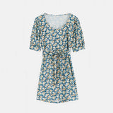 V-Neck Short-Sleeved Belt Print Short Dress