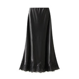 LACE TRIMMED SATIN A LINE MIDI SKIRT WITH DRAPING_CWBMS0327