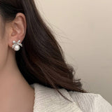 Womens Vintage Full Diamond Bow Pearl Earrings