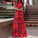 Stylish Print Flysleeve High-Waisted Long Dress