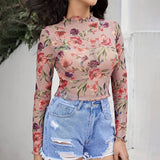 SEMI SHEER FLORAL PRINT MESH LACE SLIM FIT TOP_CWTBLL3429