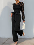 Solid Color Jumpsuit Lace Patchwork Zipper