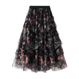COLORFUL FLORAL MESH PANELED TIERED SKIRT_CWBMS0371
