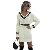 Style Pullover V-Neck Mid-Length Sweater Dress
