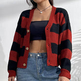 Women Sweater Contrast Red And Black Striped Coat