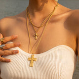 FRENCH PLEATED GOLD CROSS DOUBLE NECKLACE_CWAJE1899
