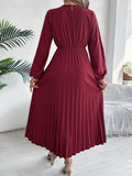 Triple V-Neck Long-Sleeved Waist Pleated Dress