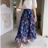 COLORFUL FLORAL MESH PRINT PLEATED TULLE SKIRT_CWBLS0399