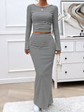 Striped Knitted Long-Sleeved Half-Skirt Suit