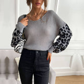 V-Neck Knit Leopard Print Patchwork Sweater