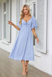 V-Neck Bow Pleated Mid-Length Short-Sleeved Dress