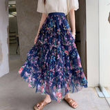 COLORFUL FLORAL MESH PRINT PLEATED TULLE SKIRT_CWBLS0399