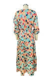 V Neck Long Sleeved Printed Loose Fitting Dress