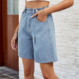 Washed Waist Adjustable Denim Quarter Shorts