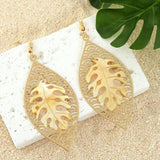HOLLOW YELLOW SHELL LEAF CARVED EARRINGS_CWMM4366