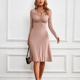 V-Neck Strap Knit Long Sleeve A-Line Long Dress