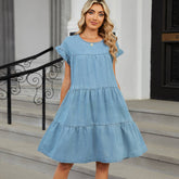 Solid Color Round Neck Loose Casual Denim Dress
