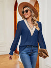 Cwtbll2401_V-Neck Lace Stitching Long-Sleeved Casual Top
