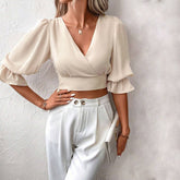 V-Neck Style Puffed Sleeve Short Pullover Top