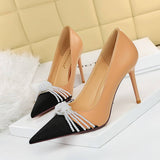 COLOR BLOCK POINTED TOE PEARL BOW HIGH HEELS_CWSHH0099