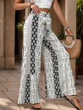 Lace-up geometric floral-print wide-leg pants