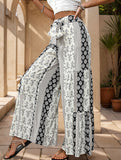 Lace-up geometric floral-print wide-leg pants